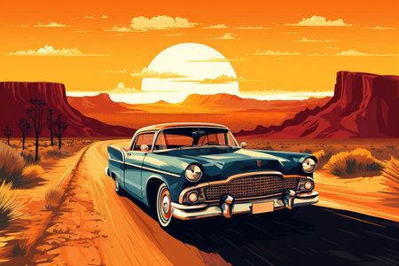 Retro poster showing a trip in an old classic car. Travel and freedom concept. Ai generativeの素材