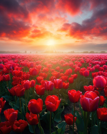 Tulip field during sunset. Ai generativeの素材
