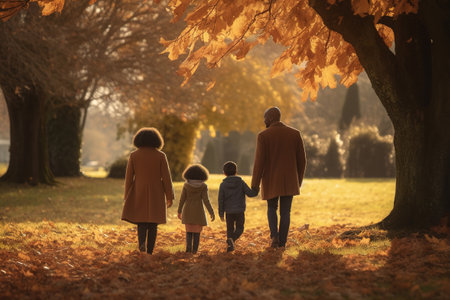 A wonderful family walks in the park in autumn. Ai generativeの素材