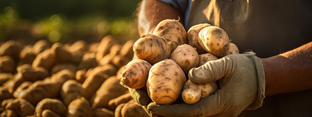Freshly dug potatoes held in farmer's hands. Generative AIの素材