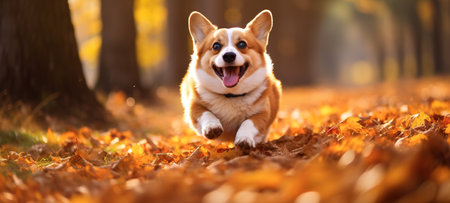 Happy Corgi dog on Autumn nature background, wide web banner. Autumn activities for dogs. Ai generativeの素材