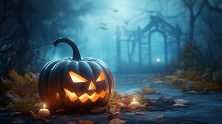 Halloween Pumpkin on a blue background. Ai generativeの素材