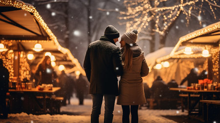 A couple in love walks at a Christmas festival. Ai generative.の素材