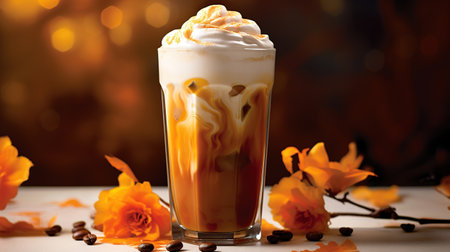 Pumpkin cream cold brew latte autumn leaves commercial light. Ai generativeの素材