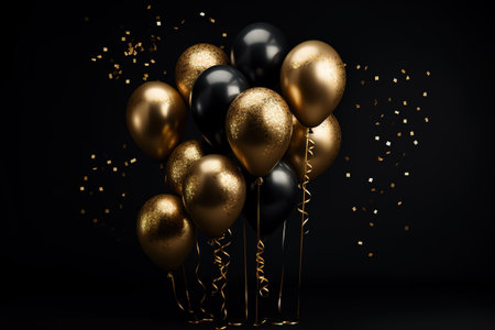 Party balloons, decoration background for birthday, anniversary, wedding, holiday, beige, black and gold glitter color composition, with space for text. Ai generativeの素材