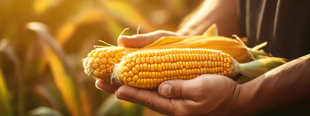 Farmer holding a corn cob in his hands. The concept of agriculture. Ai generativeの素材