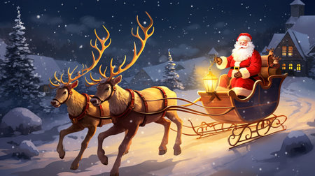 Santa Claus leads a sleigh with reindeer. Ai generative.の素材