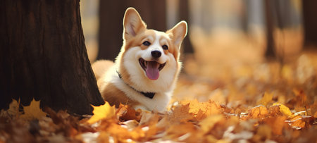 Happy Corgi dog on Autumn nature background, wide web banner. Autumn activities for dogs. Ai generativeの素材