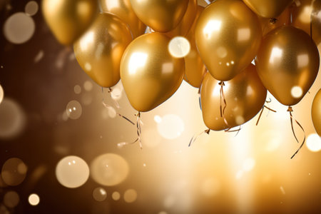 Party balloons, decoration background for birthday, anniversary, wedding, holiday, beige, black and gold glitter color composition, with space for text. Ai generativeの素材