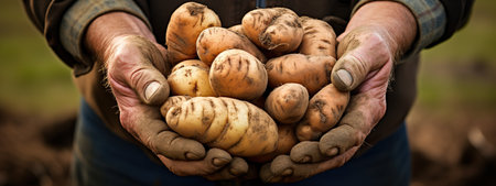 Freshly dug potatoes held in farmer's hands. Generative AIの素材