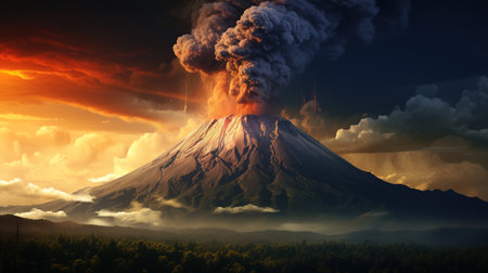 Clouds of smoke and steam after a volcanic eruption. Ai generative.の素材