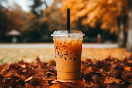 Pumpkin cream cold brew latte autumn leaves commercial light. Ai generativeの素材