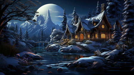 Small Fairy Tale Town Winter Night with Snow. Ai generativeの素材