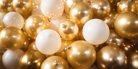 Party balloons, decoration background for birthday, anniversary, wedding, holiday, beige, black and gold glitter color composition, with space for text. Ai generativeの素材