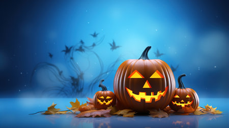 Halloween Pumpkin on a blue background. Ai generativeの素材
