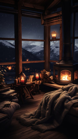 Cozy room with fireplace in the evening. Ai generativeの素材