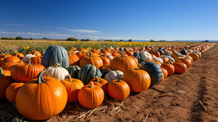 Harvest in the pumpkin field. Ai generativeの素材
