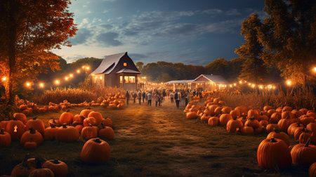 Evening harvest festival in the pumpkin field. Ai generative.の素材