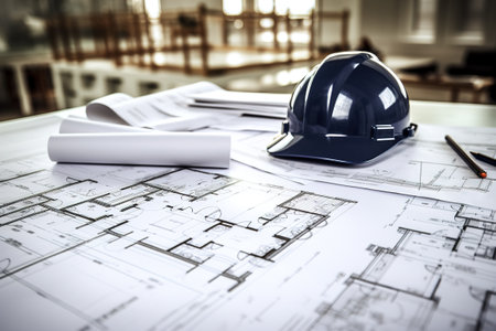 Architectural project with blueprints and helmet on table in officeの素材
