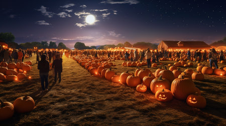Evening harvest festival in the pumpkin field. Ai generative.の素材