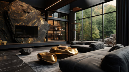 Modern interior. A high-standard room made of stone and glass with elegant furniture. Ai generativeの素材
