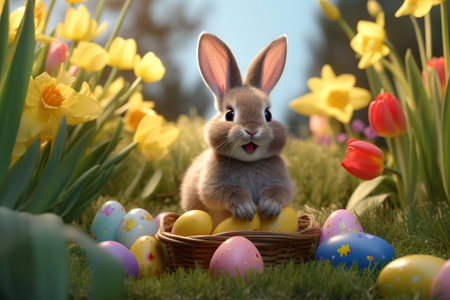 Easter bunny in a basket. Ai generativeの素材