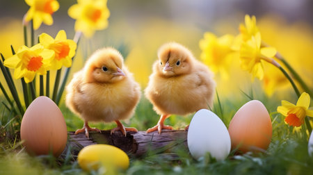 Easter chick and Easter eggs. Generative AIの素材