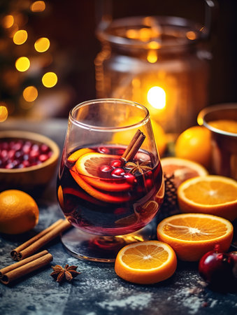 Christmas mulled red wine with aromatic spices and citrus fruits on a wooden rustic table, close-up. Traditional hot drink at Christmas time. Generative AIの素材
