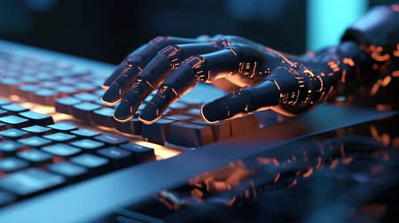 Robot hand typing on the computer. The concept of artificial intelligence replacing a human in dealing with another human. Ai generativeの素材