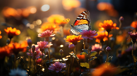 Summer Wild flowers and Fly Butterfly in a meadow at sunset. Ai generativeの素材