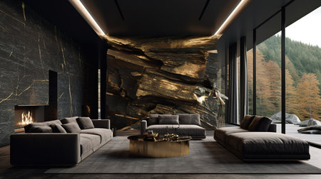 Modern interior. A high-standard room made of stone and glass with elegant furniture. Ai generativeの素材