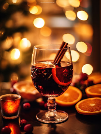 Christmas mulled red wine with aromatic spices and citrus fruits on a wooden rustic table, close-up. Traditional hot drink at Christmas time. Generative AIの素材