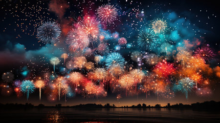 Fireworks in the city during the festival and happy new year. Ai generativeの素材