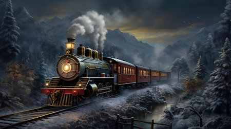 A steam locomotive running at night in a beautiful winter scenery. Ai generativeの素材