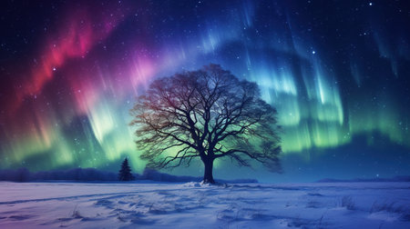 Aurora borealis on the Norway. Green northern lights above mountains. Night sky with polar lights. Night winter landscape. Ai generativeの素材