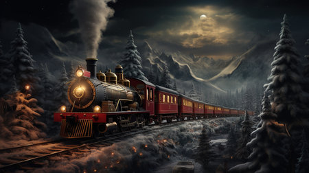 A steam locomotive running at night in a beautiful winter scenery. Ai generativeの素材