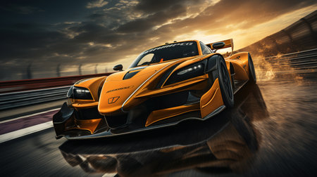 Fast sports car in a dynamic shot against a blurred background. Ai generative.の素材