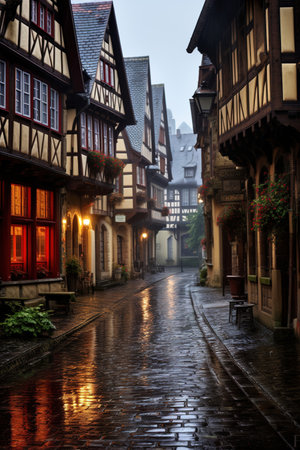 Old small European town with wooden houses and stone roads. Generative AIの素材