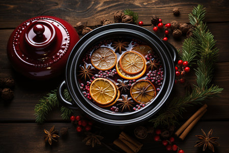 Christmas mulled red wine with aromatic spices and citrus fruits on a wooden rustic table, close-up. Traditional hot drink at Christmas time. Generative AIの素材