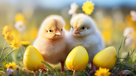 Easter chick and Easter eggs. Generative AIの素材