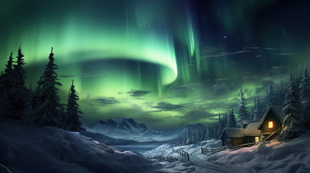 Aurora borealis on the Norway. Green northern lights above mountains. Night sky with polar lights. Night winter landscape. Ai generativeの素材
