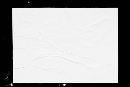 Poster mockup isolated on black background. Blank glued creased paper sheet texture