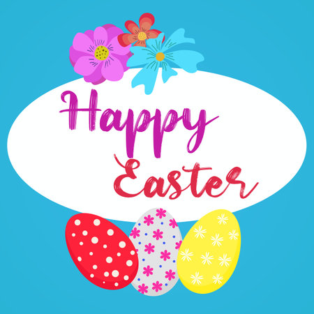 <p>Bright postcard with flowers and Easter eggs. Happy Easter.</p>のイラスト素材