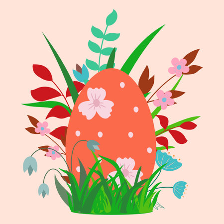 Easter pattern with egg, flowers, grass, twigs on a pink background. Easter design.のイラスト素材