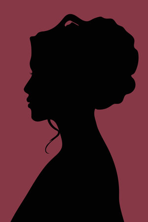 Silhouette of a girl in profile on a crimson background. Design for cosmetics decoration, logo, flyer, poster.のイラスト素材