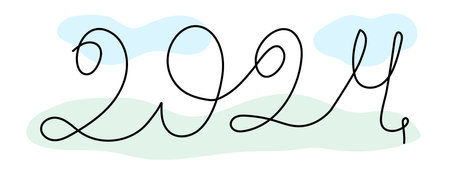 2024 one line lettering, hand drawn continuous path with clouds and tender grass. Festive concept, holiday inscription. Editable stroke. isolated. vector illustrationのイラスト素材