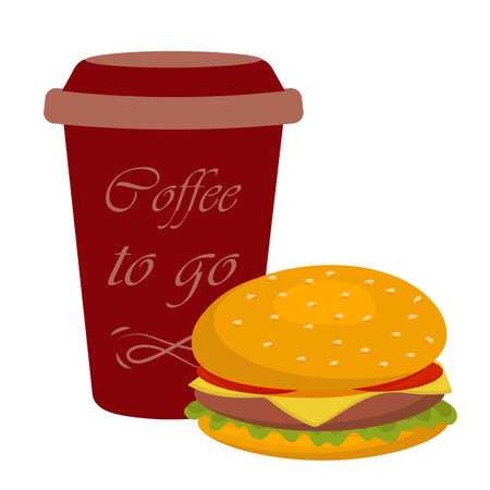Burger and cup of coffee - cute cartoon colored picture. Graphic design elements for menu, poster, brochure. Vector illustration of fast food for bistro, snackbar, cafe or restaurant.のイラスト素材