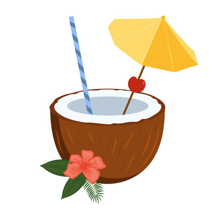 Tropical cocktail in a coconut with an umbrella, a straw. Coconut cocktail.のイラスト素材