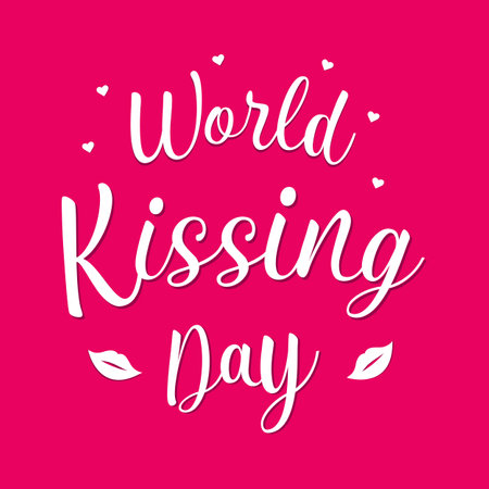 World Kissing Day - vector hand drawn brush lettering. White text on a hot pink background. High quality calligraphy for postcard, print, poster.のイラスト素材