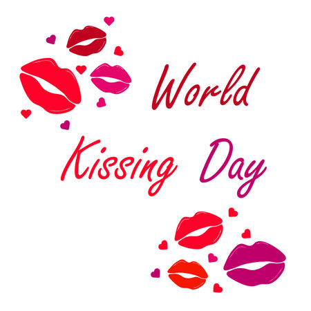 World kissing day lettering with lips and hearts. Template for postcard, poster, print.のイラスト素材